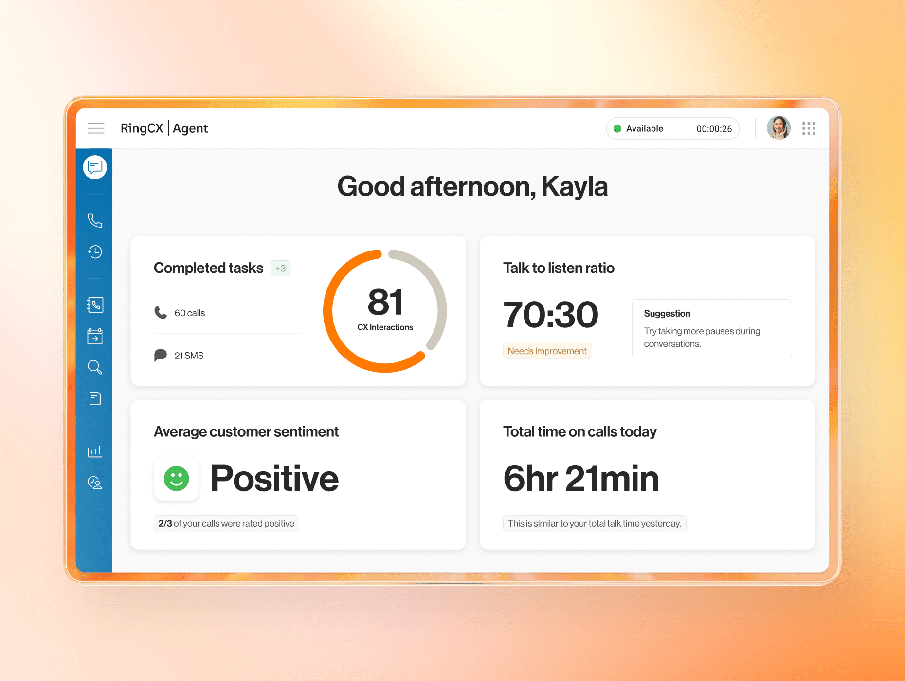 RingCX Agent dashboard for tracking KPIs