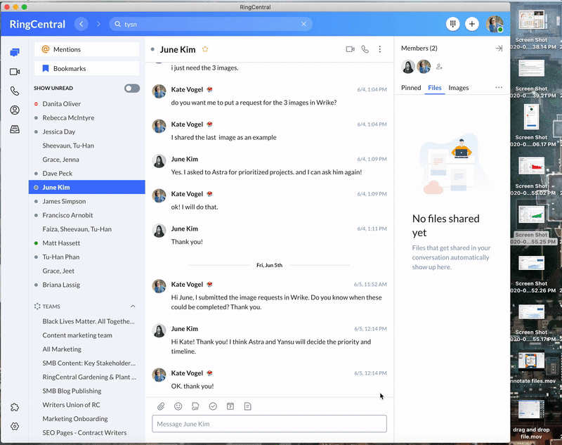 The RingCentral app’s online file-sharing feature lets you drag and drop a file from your computer into any team chat in real time.
